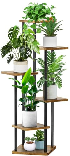 YOCOMEY 6-Tier Hölzern Blumenregal Pflanzenregal, Mehrstöckig Blumenständer Pflanzenständer Blumenbank Blumentreppe Pflanzentreppe Standregal für Innen Garten Balkon Deko(Schwarz)