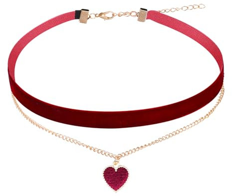 Yolev Choker Halsband Rot Samt Halskette Klassische Samt Herz Halskette Geschichtet Verstellbare Halsband Damen Schmuck für Mädchen Gothic Choker Kette Rot Damen 90er Deko