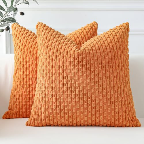 Sungeek Set of 2 Orange Soft Corduroy Decorative Cushion Covers Boho Striped Throw Pillow Covers for Sofa Couch Living Room Patio Farmhouse Home Decor Pillowcases 40x40cm