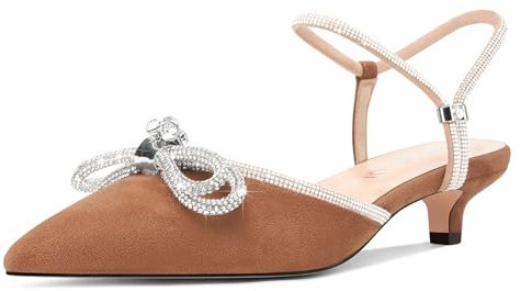 Aachcol Womens Close Toe Rhinestone Bow Kitten Heels Pointed Toe Low Heel Bow Pumps Court Shoe Adjustable Ankle Strap Bridal Wedding Dress Shoes Brown 6.5 UK