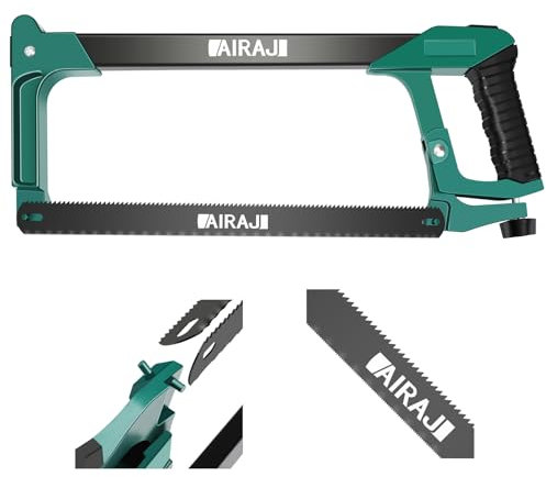 AIRAJ Sierra para metales con dentado de doble cara (8TPI/24TPI), sierra de mano de alto rendimiento con dos ángulos de corte (45°/90°), soporte para sierra de arco con mango antideslizante