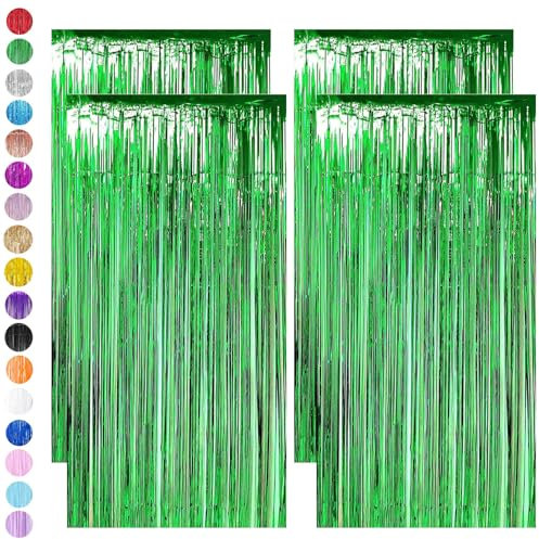 Green Tinsel Curtain Party Backdrop,4pcs 3.2ft x 6.5ft Foil Curtain Christmas Decorations,Green Foil Fringe Streamers Metallic Tinsel Door Hanging Foil Flow Silk Streamers for Christmas Holiday Party