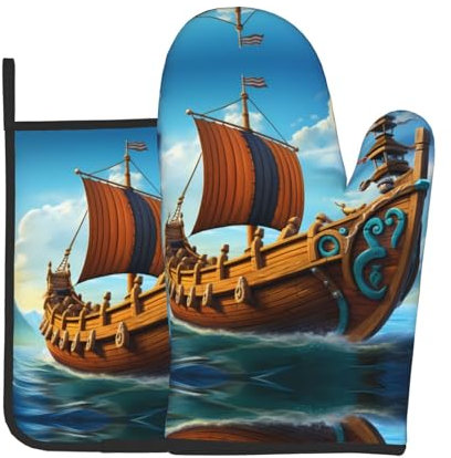 YYHWHJDE Vikings Boat Picture Oven Mitts and Pot Holders Sets of 2 Kitchen Baking Used to Open Pot lids in The Kitchen and to Carry Dishes from Microwave ovens