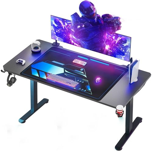 Himimi 180x70 cm Gaming Tisch, Gaming Schreibtisch PC Tisch Gaming mit Kohlefaseroberfläche, Gamer Tisch mit Kabelaufbewahrungsbox, Getränkehalter und Kopfhörerhaken, Schwarz