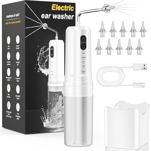 KIMTAR Ohrenschmalz Entferner, Ohrenreiniger Elektrischer Ohrendusche Mit 4 Druckmodi IPX7 Wasserdicht Wiederaufladbar, 10 Düsen Ohr Reinigung für Erwachsene Kinder zu Hause Weiß