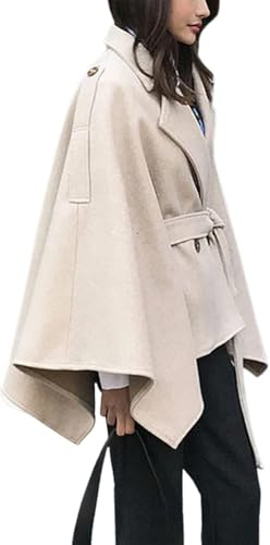 Veste élégante en Laine mélangée à col à Revers pour Femme avec nœud Papillon et Cape Poncho avec Ceinture (Beige,XL)