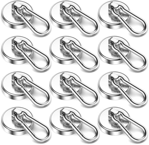 FINDMAG Strong Magnetic Hooks 100LBS, Heavy Duty Neodymium Magnetic Hooks with Carabiner Hook for Hanging at Home, Office Locker, Workplace, Refrigerator, Cruise Ship or Travel, 12 Pack