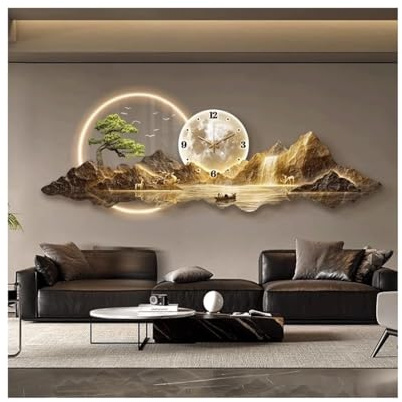 UPJAKS 3D Landscape Wall Art Decor Clock with LED Light Welcoming Pine & Nine Fish Picture Wall Painting with Mountains Rivers and Moon Illuminated Entryway Mural