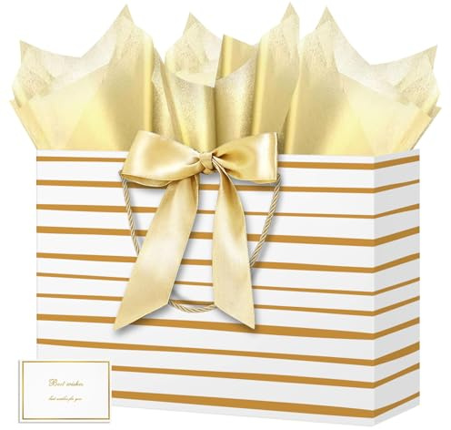 HONTIUS Presentpåse, 15,75 tum fyrkantig stor presentpåse med papper och kort, 40 x 30 x 12,5 cm presentpåsar med leende för födelsedagsfest P