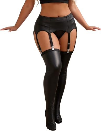 ohyeahlady Calze e Reggicalze Completo Hot Taglie Forti Reggicalze Donna Hot Curvy Pelle Con Calze In Pelle Set Lingerie Intimo Seducente XXL,Nero+Calze