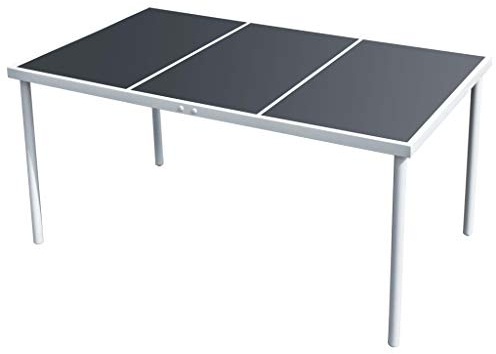 YunCangg Mesa de jardín de 150 x 90 x 74 cm, acero negro con placa de cristal, resistente a la intemperie, robusta, estable, para balcón, terraza, exterior, camping, picnic, jardín de invierno, porche