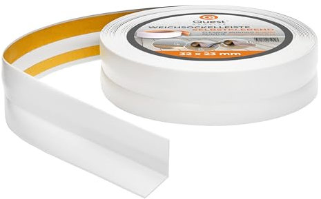 Quest Weichsockelleiste Selbstklebend, PVC Sockelleiste, Abschlussleiste - 32 mm x 23 mm - Flexible Knickleiste für Innenbereich, Wand, Boden - Dicht, Dekorativ - 10 Meter, Weiß