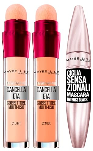 2x Maybelline New York Correttore Liquido Il Cancella Età con Bacche di Goji Colori 02 Nude e 01 Light + 1x Mascara Volumizzante Ciglia Senzazionali Intense Black