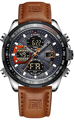 Naviforce Herren Militär Digitaluhren Analoge Quarzuhr wasserdichte Sport Multifunktions Lederarmbanduhr