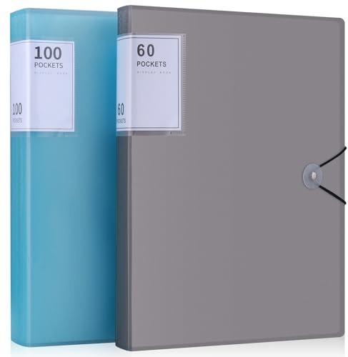 JIANTA 160 Pochettes Classeur Pochette Transparente A4, Chemise Plastique avec Étiquettes pour Organiser des Documents 2 Pochettes A4 avec Elastique Couverture, Coloris Bleu Gris