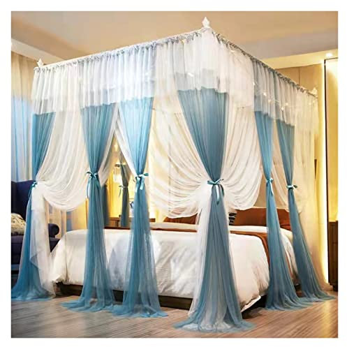 EsEntL Europäisches Moskitonetz, Himmelbett-Moskitonetz mit Rahmen, Bettnetz, dreitürig, für Einzel- bis Kingsize-Betten, Hängematten, Kinderbetten (Farbe: Blau, Weiß, Größe: 2,0 x 2,2 m Bett)