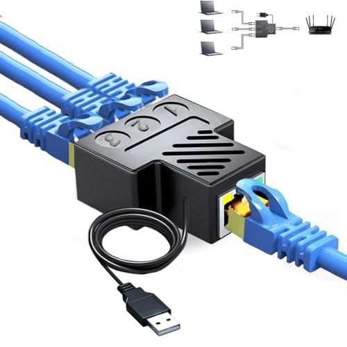Aoiutrn RJ45 Network Splitter Adapter, USB to RJ45 Network 1 to 3 Dual Port Ethernet Socket Connector 8P8C Extender Plug LAN Interface for Cat5e,Cat6,Cat7,Cat8 (1 to 3)