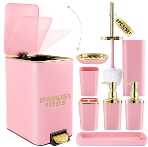 XLHOMO Pink Bathroom Accessories Set 8 Piece Pink and Gold Bathroom Set, Bathroom Sets with Stainless Steel Trash Can,Toilet Brush,Toothbrush Set,Soap Dispenser