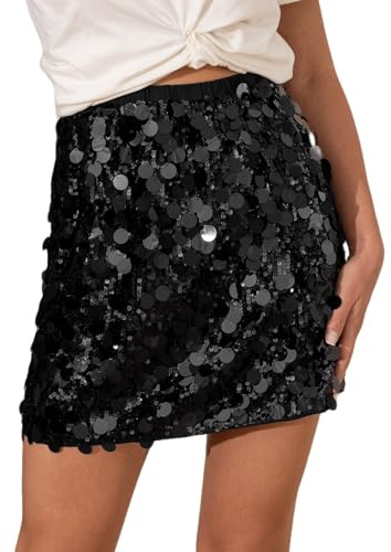 CUPSHE - Falda de lentejuelas con brillo para mujer, cintura alta, brillante, envolvente en la cadera, minifalda para salir de noche y fiestas, Negro a, XL