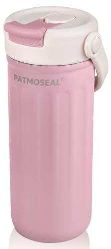 PATMOSEAL Vacuum Insulated Flask with Flip Straw for Hot Cold Drinks, Portable Water Bottle Coffee Mug Leak-Proof for Travel, School, Work, Sports, Camp, 500ml/16oz (Pink)