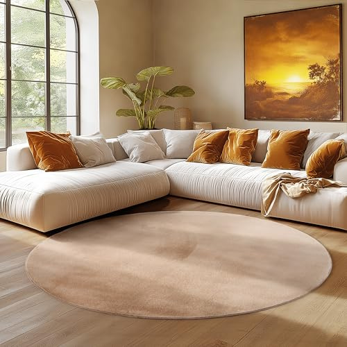 SIMPEX Teppich Wohnzimmer Rund Beige 160 cm Kurzflor Teppich Waschbar, rund, rutschfest & weich, modernes einfarbiges Design für Wohnzimmer, Schlafzimmer, Küche & Kinderzimmer.