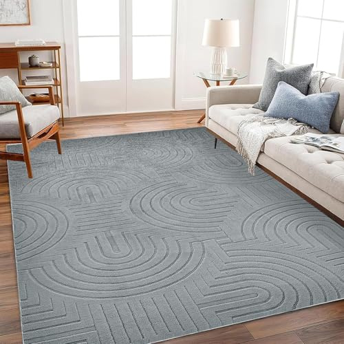 WONGS BEDDING Teppich Wohnzimmer Schlafzimmer, 160x230cm Grau rutschfest Wohnzimmerteppich Waschbarer Kurzflor Carpet, Hoch-Tief 3D Effekt, Weich Flauschig Teppiche für Küche Esszimmer Kinderzimmer