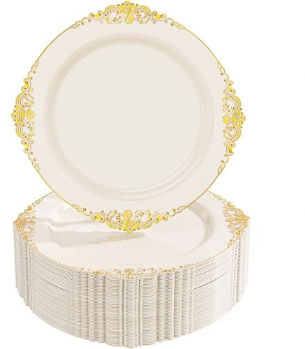 Nervure 100PCS Ivory Plastic Plates - 10.25inch Ivory and Gold Disposable Plates - Heavyweight Dinner Plate for Wedding & Party & Mother's Day
