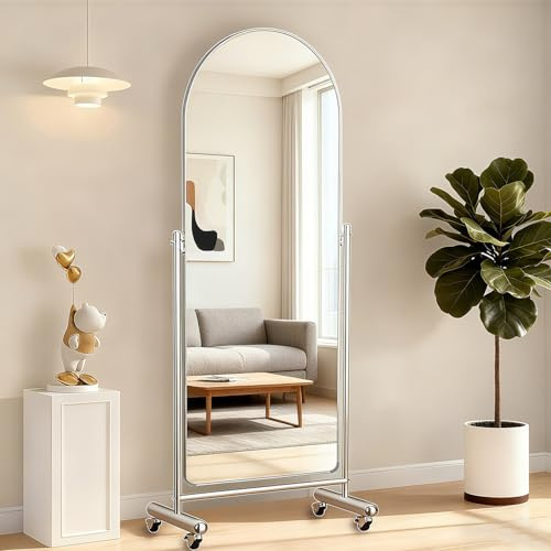 devesanter Specchio mobile per tutto il corpo, 56 × 166 cm, grande specchio curvo con ruote e supporto in acciaio inox, angolo dello specchio regolabile per camera da letto, soggiorno, spogliatoio