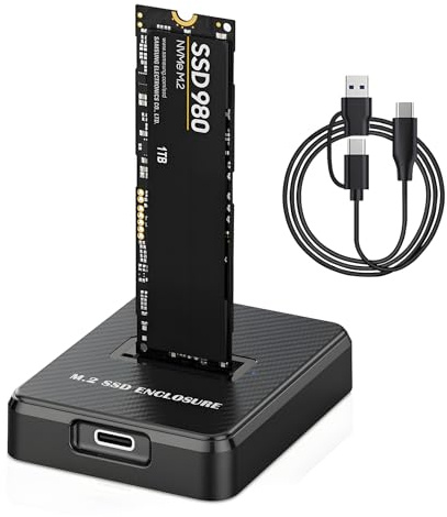 DERSUR M.2 NVME SATA SSD-höljesadapter, 10 Gbps USB 3.2 Gen 2 USB C Extern, Aluminiumlegeringshus, stöder M.2 (M-nyckel) NVMe & (B+M-nyckel) SATA SSD, Plug and Play extern lagringslösning