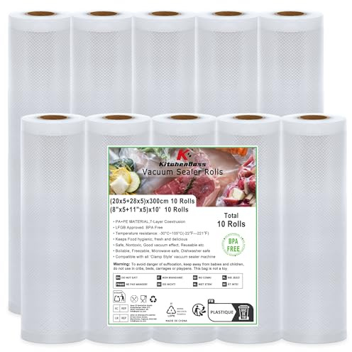 KitchenBoss Sac Sous Vide Alimentaire：10 Rouleaux Sachet Sous Vide Alimentaire, 20/28 x 300cm, Rouleau Sous Vide Alimentaire pour la Conservation des Aliments, Poche Sous Vide Alimentaire Gaufré