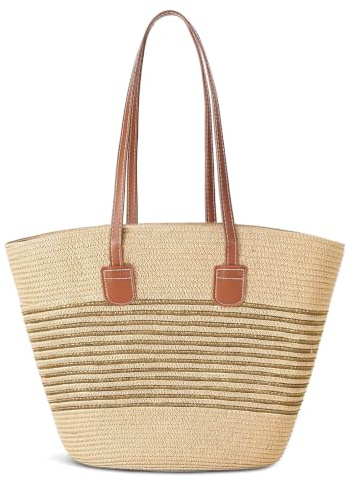 Aucuu Bolso de Hombro de Paja, Bohemio Casual Bolso de Playa de Verano, Bolso de Playa de Paja para Mujer, Boliso de Mano Tejido de Verano, Boliso de Hombro, Boliso Grande con Cremallera, Viaje Playa