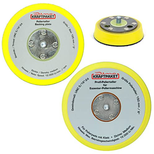 Dino KRAFTPAKET Bundle 75mm + 125mm + 150mm Stützteller mit 5/16-24 Gewindemaß, Polierteller mit Klett passend für Exzenter Poliermaschine 9mm-650W (640220+640296+640601+640607+640609+640638)