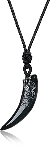 COAI Collar Ajustable para Hombre y Mujer con Colgante Diente de Lobo en Obsidiana Negra Piedra Natural