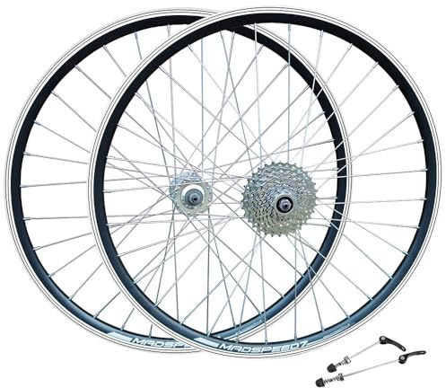 Madspeed7 QR 26 (ETRTO 559x19) Mountain MTB Bike Wheel Set + 8 Speed Freewheel (11-32t) – Rim & Disc Brake Compatible – Sealed Bearings Hubs (Very Smooth Hubs) – Double Wall – 32x Silver Spokes