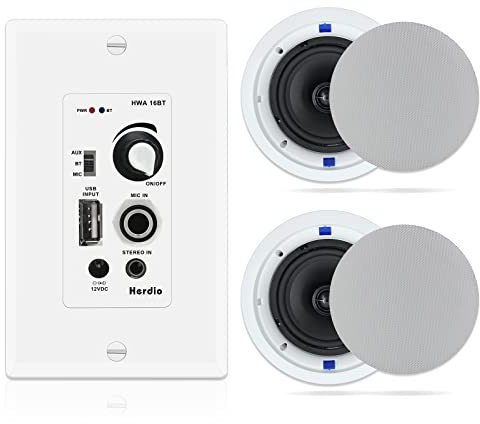 Herdio 6.5 Inch Bluetooth Ceiling Speakers 320W 2-Way Flush Mount in Wall Amplifier Receiver Suitable for Home Theater Bathroom Living Room Kitchen Office (White, Pair)