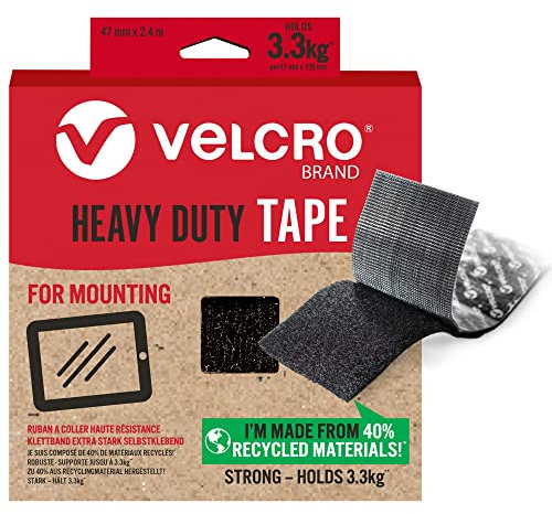 VELCRO® Marque, Rouleau adhésif industriel très résistant double face, qui se coupe à la longueur désirée avec crochets et boucles, parfait pour la décoration de la pièce, noir, 47 mm x 2,4 m