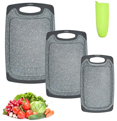 SLTAXAR 3 Stück Schneidebrett Kunststoff Brotbrett BPA-Free Küchenbrett set Schneidebretter Spülmaschinenfest Schneider Bretter Saftrillen mit Griffigen bretter set Küche für Fleisch/Gemüse/Obst