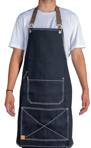 SHOPPLACE Delantal Barbacoa de Jean con Tiradores de Cuero con Bolsillos (negro)