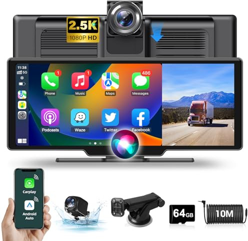 Inalámbrico Carplay Android Auto con 2.5K Dashcam Cámara 10.26 Zoll Pantalla Carplay Coche Portable Driveplay con Bluetooth Mirror Link Siri Tarjeta TF de 64G