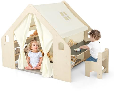 COSTWAY 6 en 1 Tente de Jeu en Bois Enfant avec Table & Chaise & 6 Bacs, Maison de Jeu avec Coussin de Sol Amovible & Rideaux, Cabane Intérieur pour 5-6 Enfants de 2-6 Ans, 145x98x113cm