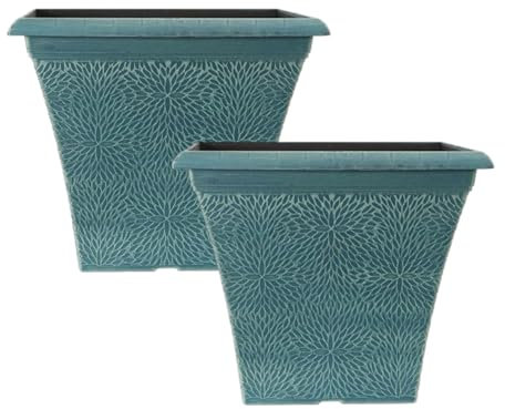 Fyne-Finds Set of 2 Indigo Green Plastic Tall Planter Square 35cm,14inch Plant Pot 20L Flower Pot Home Garden Decor with Drainage Holes
