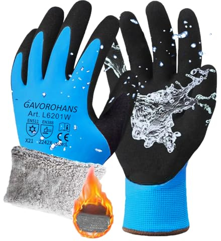 GAVOROHANS Gants de travail thermiques imperméables d'hiver, doublure intérieure en polaire, excellente adhérence, double revêtement en latex (Bleu - 1 paire, M)