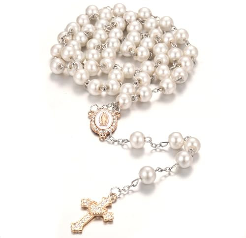 Jiali Q Katholischer Rosenkranz aus perlenfarbenem Glas, handgefertigt im christlichen Stil, mit Strasskreuz (gold)