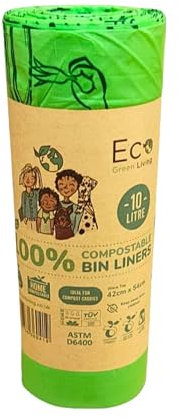 Eco Green Living 10 Litre Bin Liners, Plastic Free, Strong and Leak Proof Refuse Sacks, Large Bin Bags for Food Waste and Kitchen Bin, Tie Handle Garbage Bags, 18 Bags