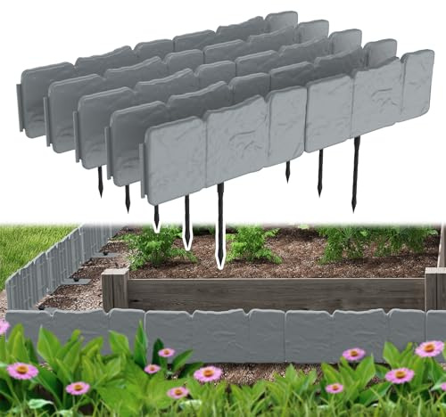 NAIZY Rabattkant plast 5 m, rabattkant med golvspikar, rabattkant i stenutseende naturlig klippkant 25 x 10 cm/styck trädgårdspalisad, 20 stycken (grå)