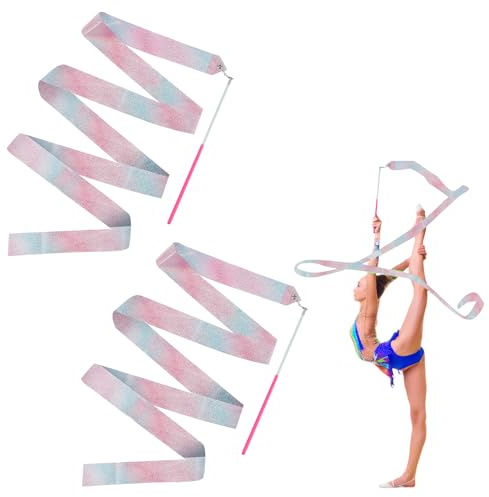 unillea 2Pcs Flashing Dance Ribbons with Red Wand, 78.7 Inch Rainbow Ribbon Streamers, Ribbon Wands for Children for Gymnastics Dancing Talent Shows Twirling Ideal Gymnastics Gifts for Girls