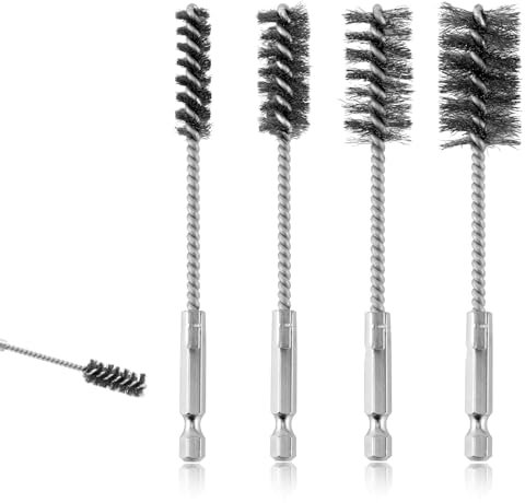 4pcs Wire Brush, Stainless Steel Twisted Bore Brush with 1/4 Hex Shank for Power Drill Impact Driver & Tube Cleaning, 3/8'' 1/2'' 3/4'' 7/8'' Diameter