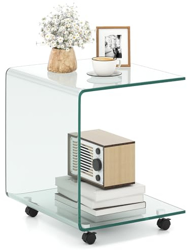 COSTWAY Sidobord av härdat glas med rullar, glasbord C-form, nattduksbord, soffbord, soffbord för vardagsrum, sovrum, 45 x 40 x 48 cm (transparent)