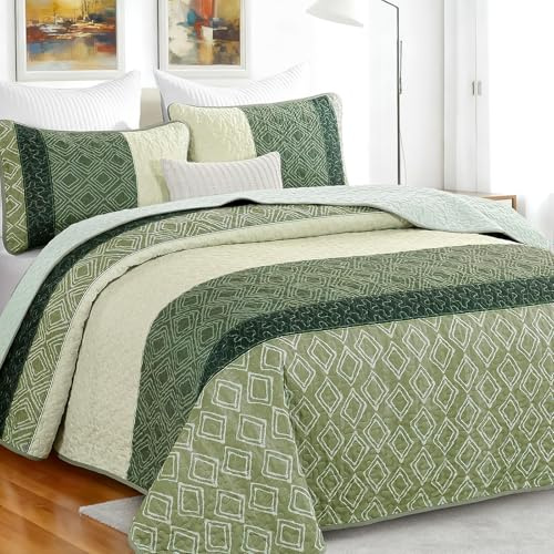 RWFMO Sage Green Striped Quilted Bedspread Set Double Size, Lightweight Quilt with 2 Matching Pillowcases, Soft All-Season Bedding Set, 200 x 200cm