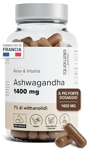 Ashwagandha Pura 1400mg - Regolazione del cortisolo - Formula Alta Concentrazione 7% Withanolidi - Integratore Naturale per Sonno, Ansia, Stress - Ginseng Indiano - 100 Capsule Vegan - Beyond Elements